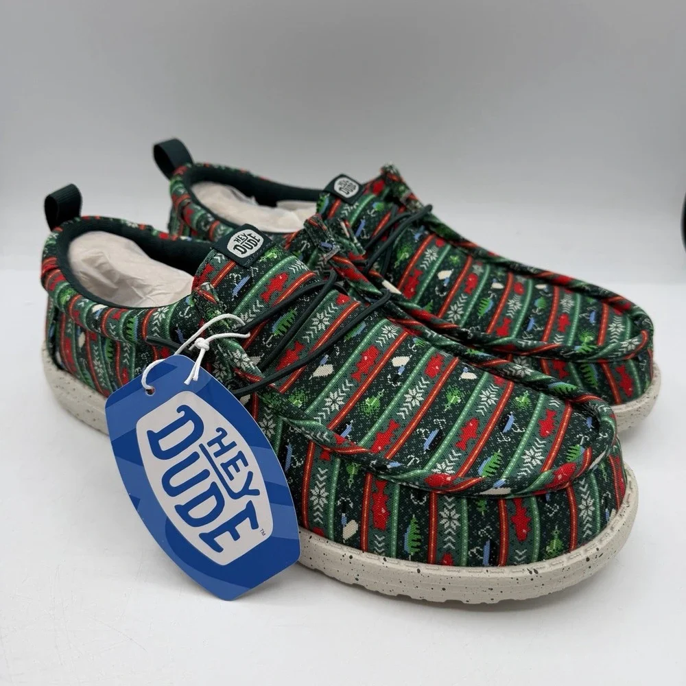 Hey Dude Wally Fishmas Sweater Shoes Mens Sz 10 Pine Green/Red Christmas Slip On